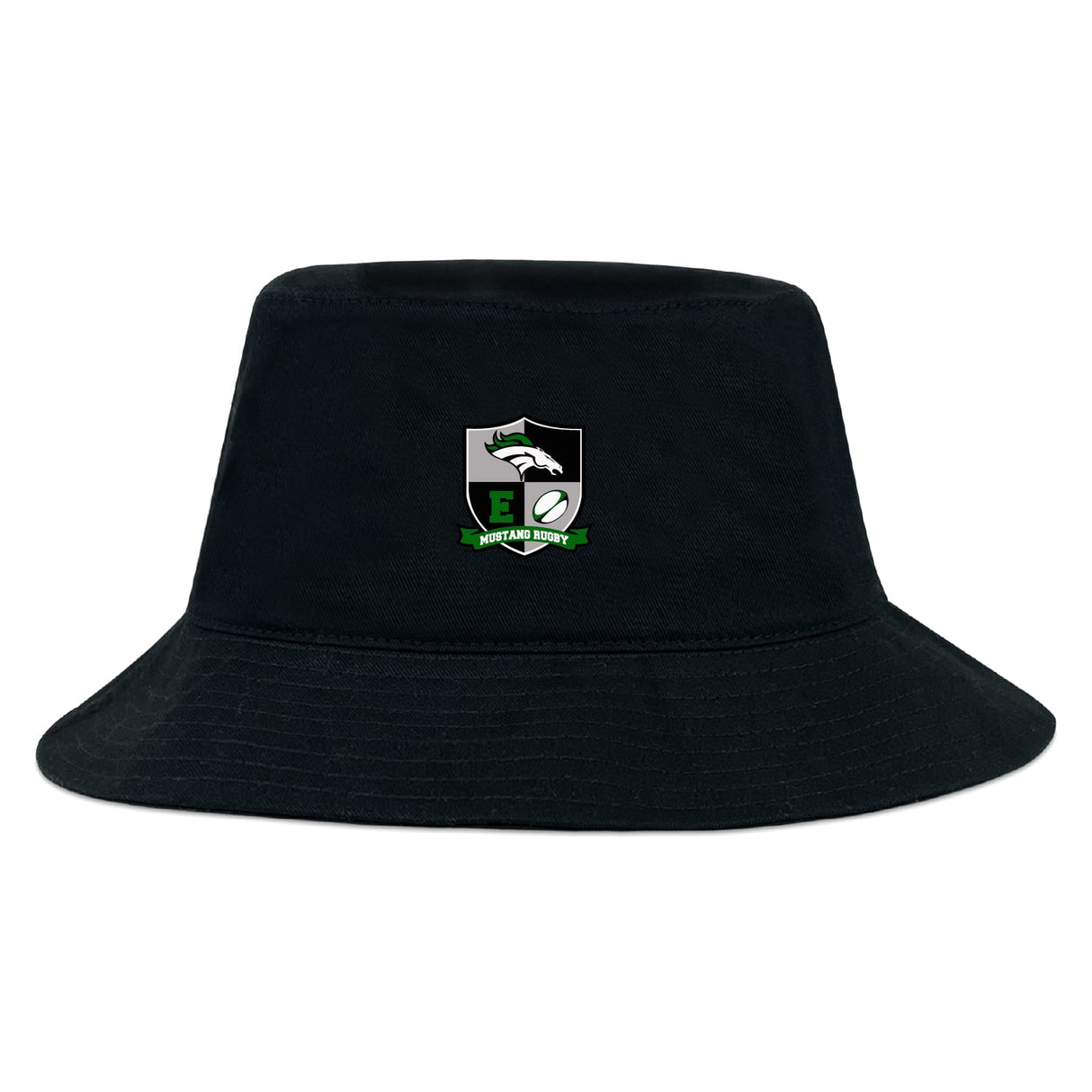 The Eagle High Mustangs Crusher Bucket Cap by EMB S&S Activewear is a black cotton hat with a shield logo featuring a horse, rugby ball, and "EQTAR RUGBY" text—delivering stylish sun protection for rugby fans.
