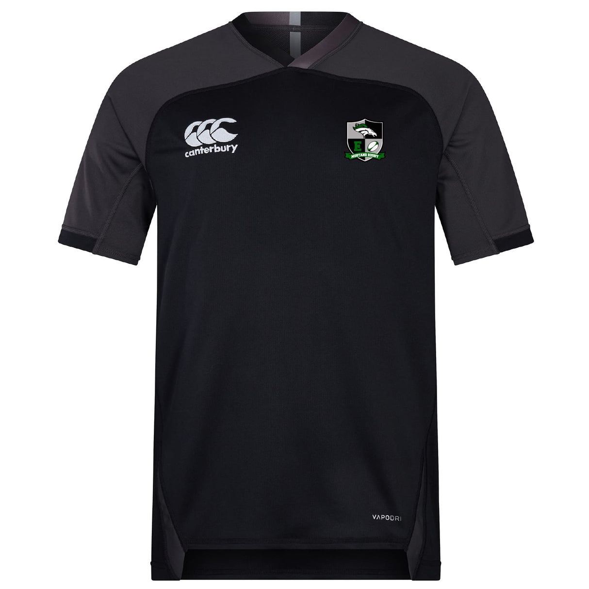 The Eagle High Mustangs Vapodri Evader Jersey by EMB Canterbury is a black short-sleeve rugby shirt with V-neck, subtle grey shoulder panels, moisture-wicking tech, Canterbury logo on right chest, and club crest on left.
