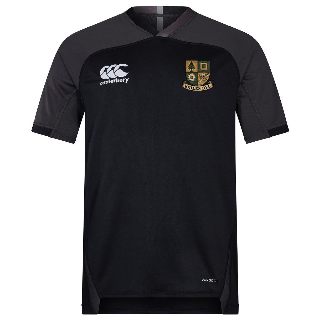 The Exiles Rugby Football Club Vapodri Evader Jersey by EMB Canterbury is a black short-sleeve rugby shirt with the Canterbury logo on the right chest and Exiles RFC crest on the left, featuring moisture-wicking Vapodri technology for comfort.