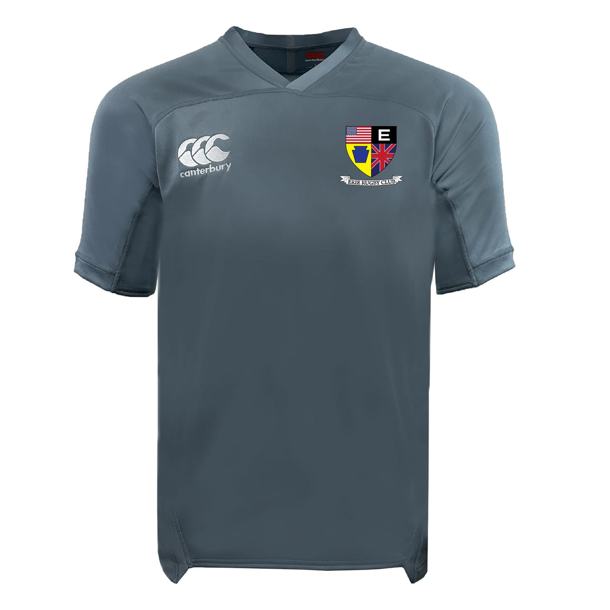 The Erie Rugby Club Vapodri Evader Jersey by EMB Canterbury is a plain grey short-sleeve rugby jersey featuring the Canterbury logo and a multi-flag crest with banner on the chest, designed in the signature Evader style.