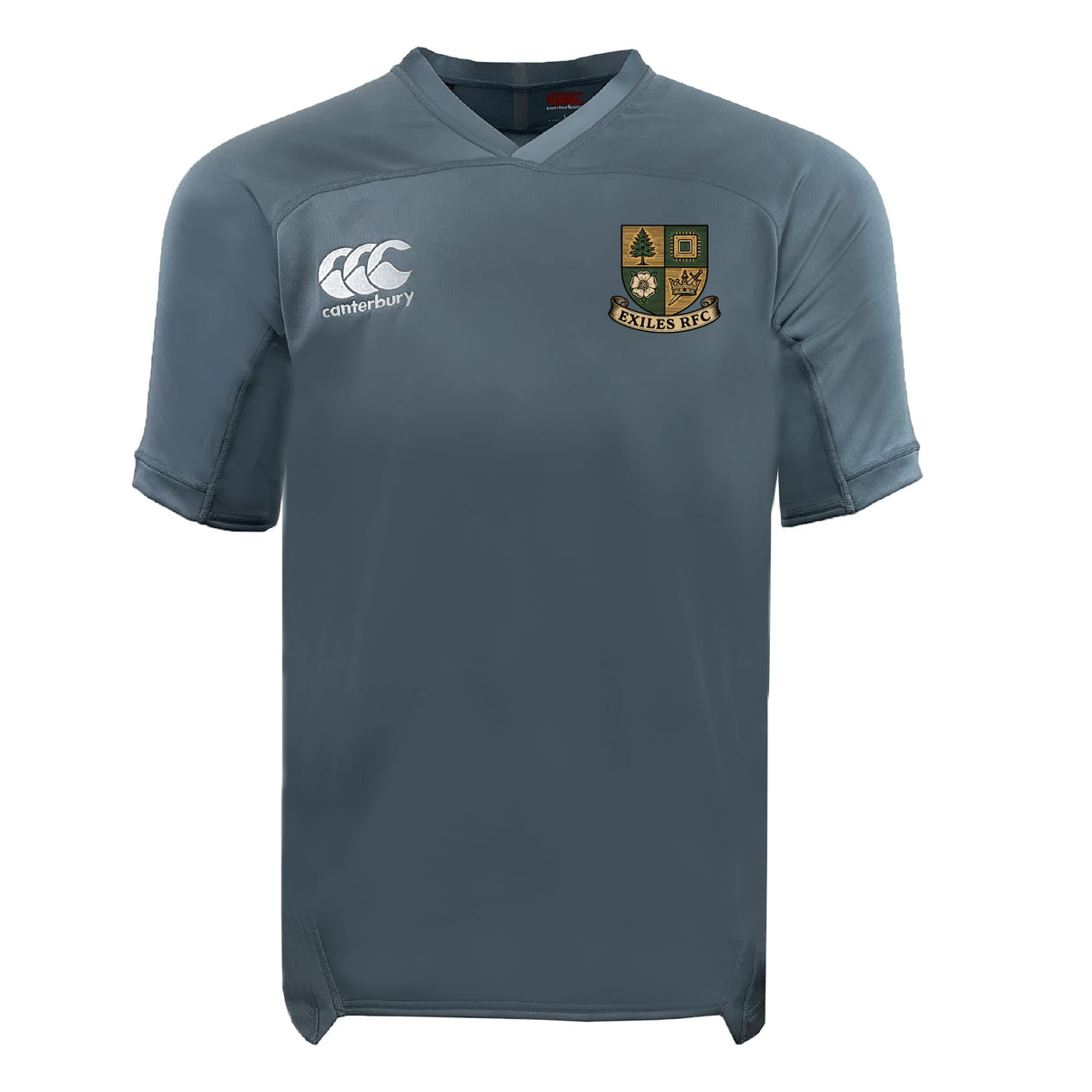 A grey Exiles Rugby Football Club Vapodri Evader Jersey by EMB Canterbury with moisture-wicking tech, white Canterbury logo on the right chest, and Exiles RFC crest on the left.