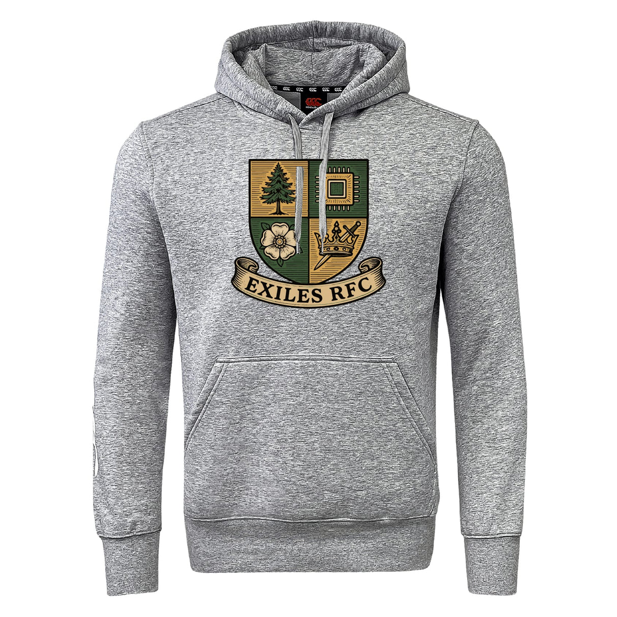 The Exiles Rugby Football Club Club Hoodie by WRS Canterbury is a gray rugby hoodie with a front pocket and an embroidered crest reading "EXILES RFC." Ideal team sweatshirt for players and supporters.