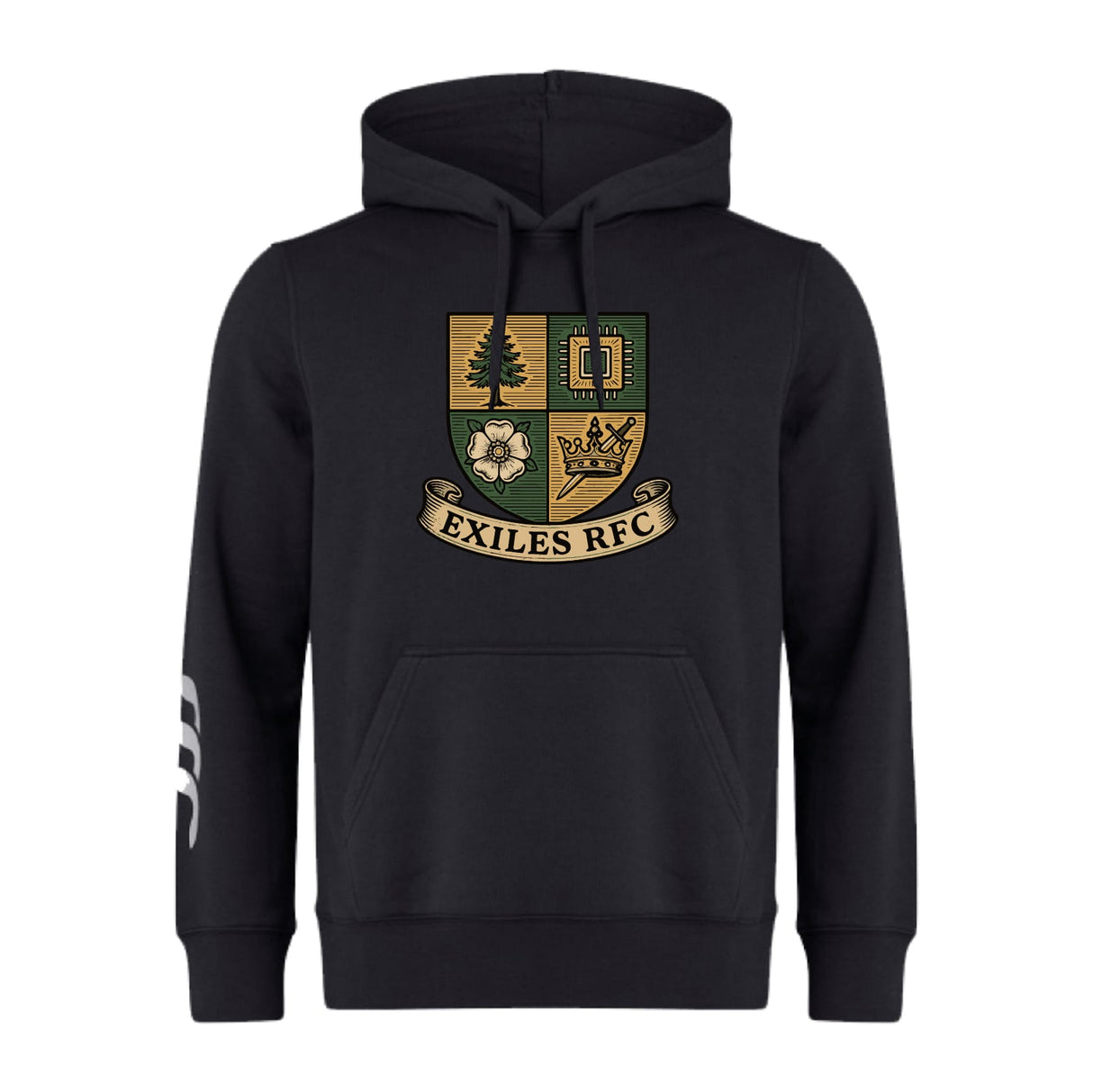 The Exiles Rugby Football Club Club Hoodie by WRS Canterbury features the club crest on the chest and three white stripes on the right sleeve—perfect for any rugby fan.