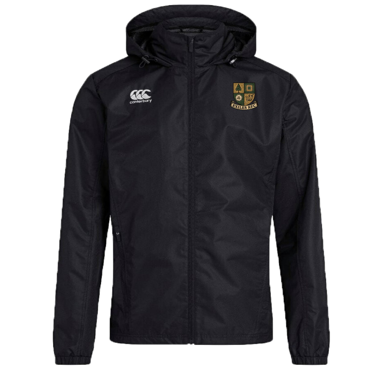 The EMB Canterbury Exiles Rugby Football Club Vaposhield Full Zip Rain Jacket features water-resistant technology, a logo on the right chest, and an embroidered "ST. PAUL'S RUGBY" crest on the left.