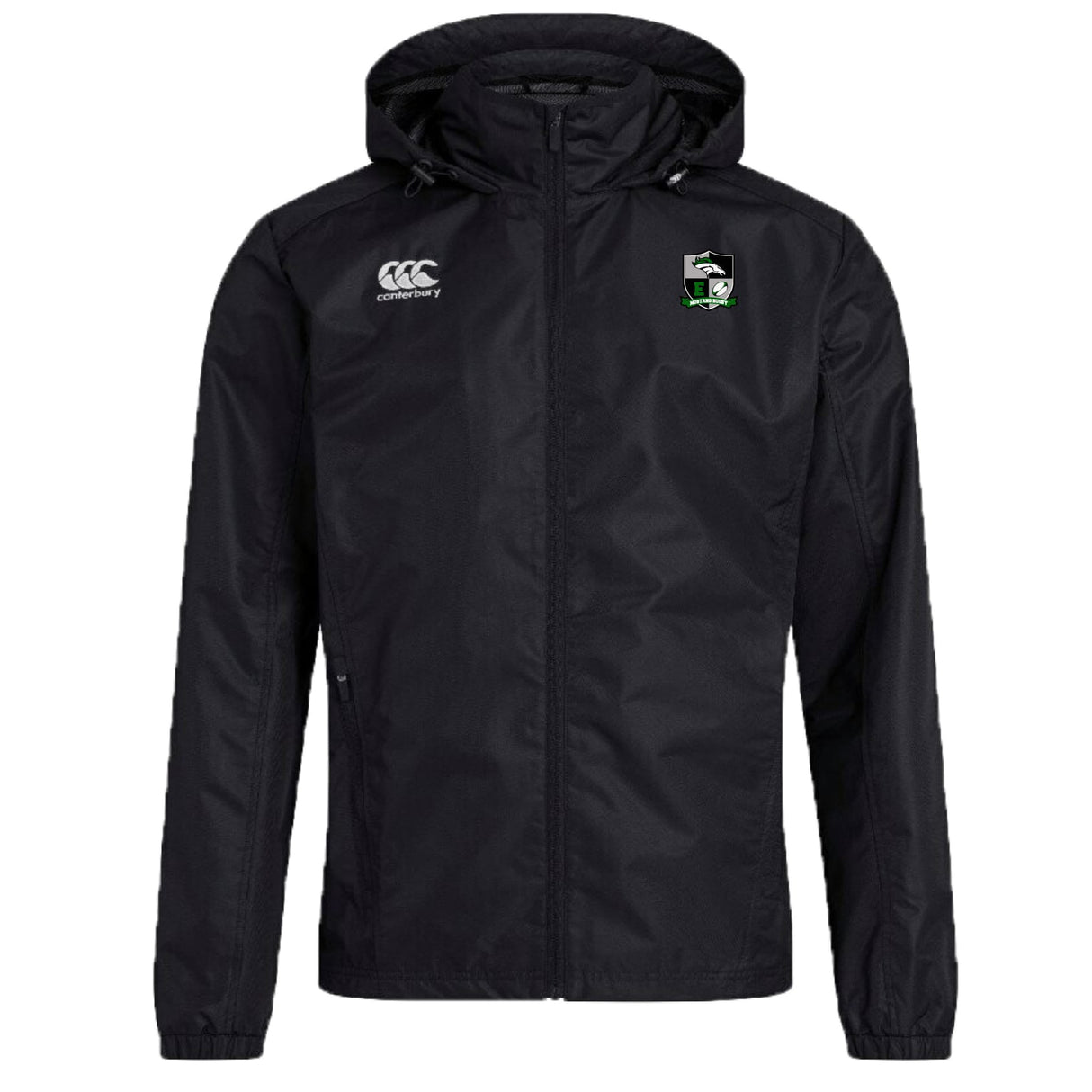 The Eagle High Mustangs Club Vaposhield Full Zip Rain Jacket by EMB Canterbury features a black, water-resistant design, zip front, white Canterbury logo on the right chest, and a green and white crest on the left chest.