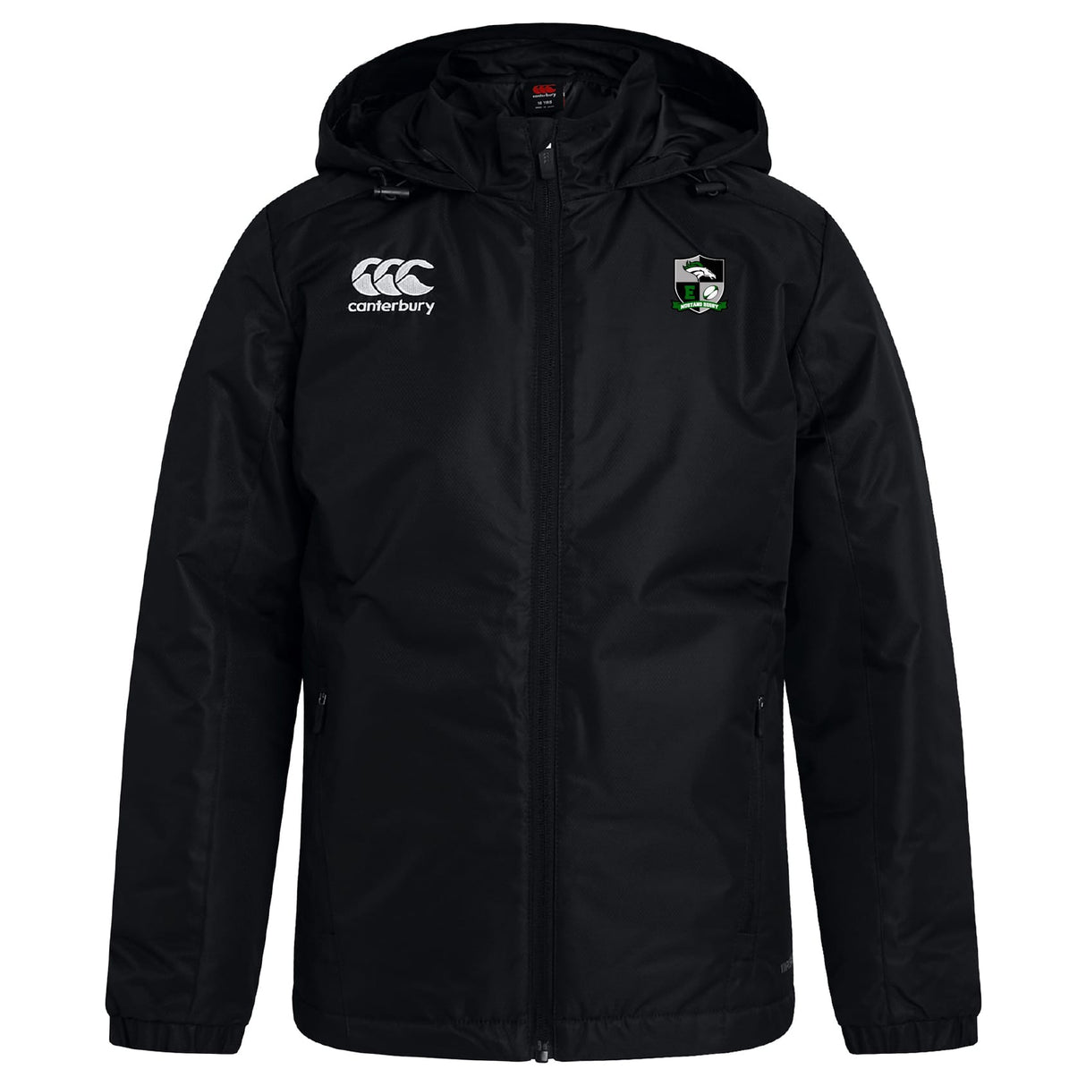 The Eagle High Mustangs Club Vaposhield Stadium Jacket by EMB Canterbury is a black, water-repellent jacket with a front zipper, Canterbury logo on the right chest, and a green/black crest—perfect for rugby stadiums.