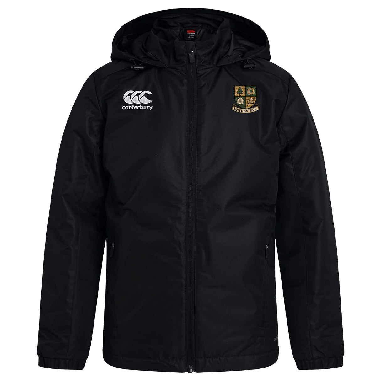 Stay dry in the Exiles Rugby Football Club Vaposhield Stadium Jacket by EMB Canterbury, featuring a hood, zip front, CCC rugby logo on the right chest, and a club crest on the left—ideal for classic rugby style.