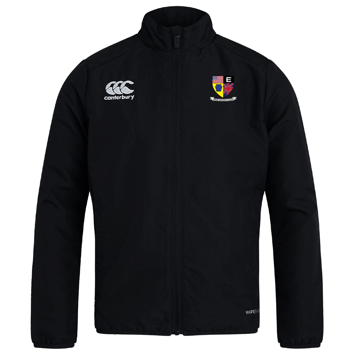 The Erie Rugby Club Track Jacket by EMB Canterbury features a zip front, white Canterbury logo on the right chest, an embroidered Erie crest on the left, and is lightweight and water repellent—ideal for training in any weather.