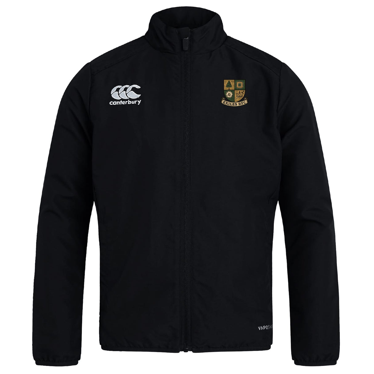 The Exiles Rugby Football Club Track Jacket by EMB Canterbury features the Canterbury logo on the right chest and a school crest on the left. This lightweight, water-repellent jacket is shown against a plain white background.