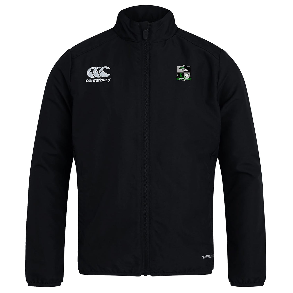 The Eagle High Mustangs Club Track Jacket by EMB Canterbury features long sleeves, a stand-up collar, the Canterbury logo on the right chest, and a green-detailed crest on the left—ideal for club wear.