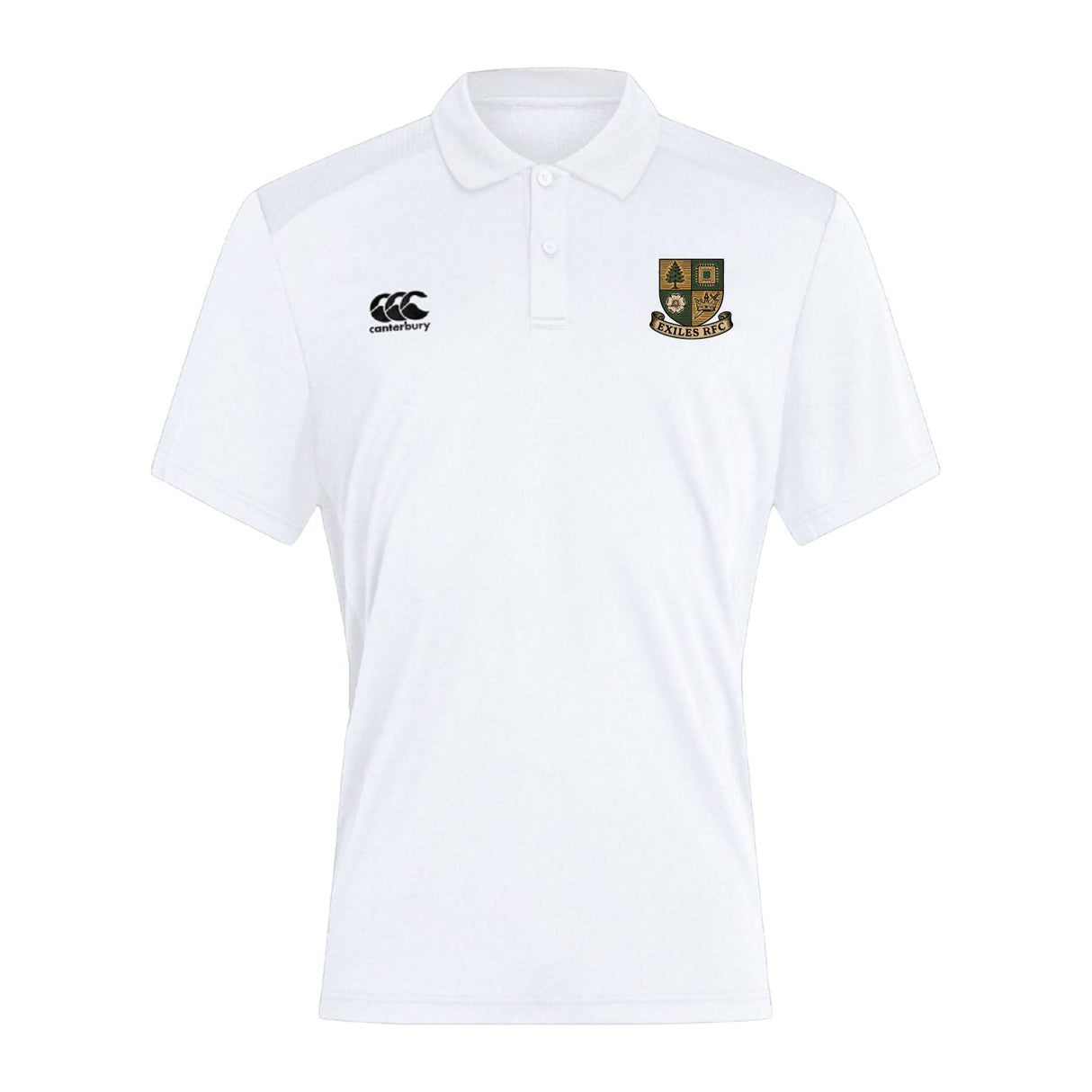 The Exiles Rugby Football Club Club Dry Polo by EMB Canterbury is a white short-sleeve polo featuring Vapodri technology and two embroidered chest logos: an EMB Canterbury logo and the club crest with its Latin motto.