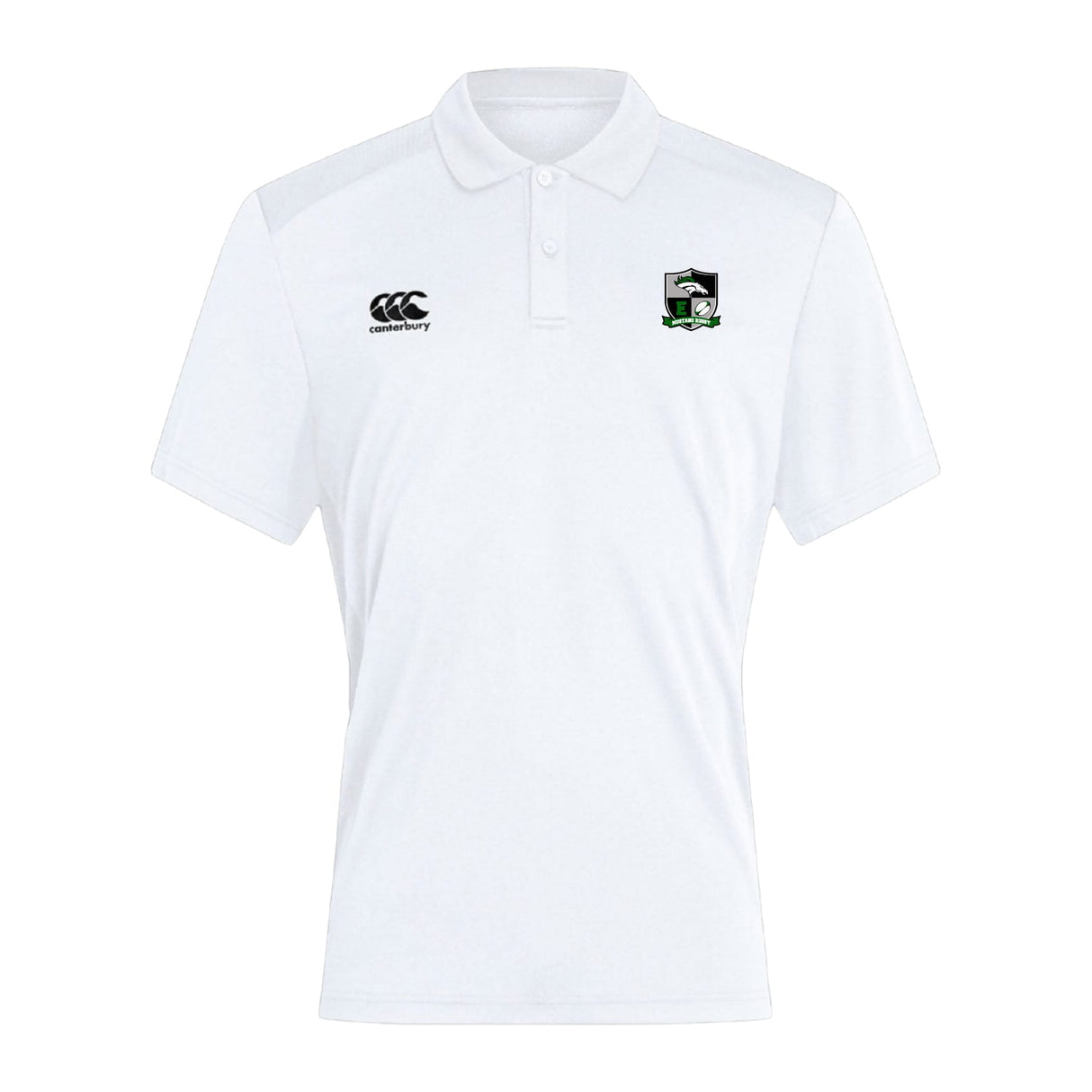 The Eagle High Mustangs Club Dry Polo by EMB Canterbury is a white, short-sleeved collared shirt with Vapodri Technology for comfort and breathability, featuring two embroidered chest logos.