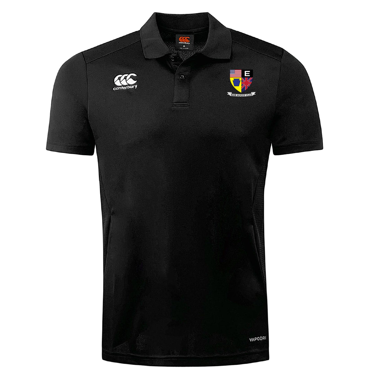The Erie Rugby Club Club Dry Polo by EMB Canterbury is a black short-sleeve collared shirt with two chest logos, a "VAPODRI" hem label, and breathable comfort thanks to Vapodri Technology.