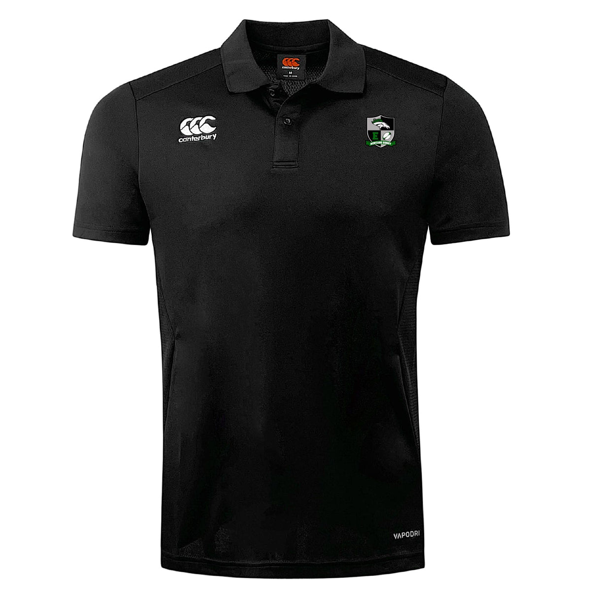 The Eagle High Mustangs Club Dry Polo by EMB Canterbury is a black, short-sleeve, collared shirt with Vapodri Technology, a white Canterbury logo on the right chest, and a green and white embroidered crest on the left chest.