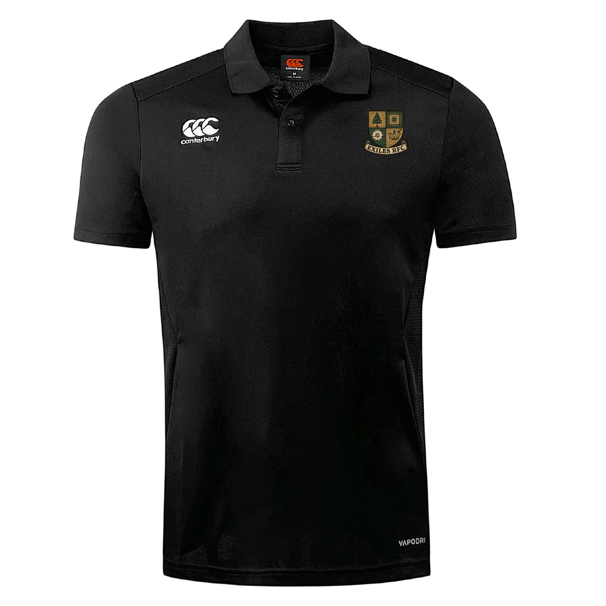 The Exiles Rugby Football Club Club Dry Polo by EMB Canterbury features a black, short-sleeve design with collar, button placket, white Canterbury logo, green and gold crest, and Vapodri Technology for lightweight breathability.