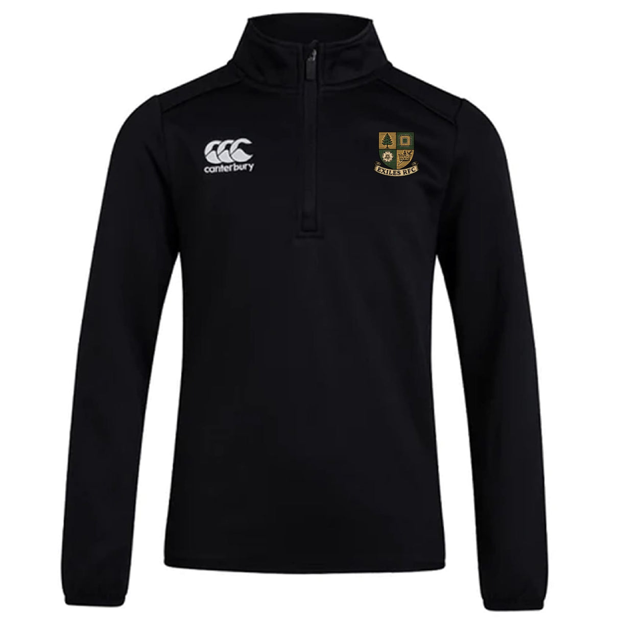 The Exiles Rugby Football Club 1/4 Zip Mid Layer Training Top by EMB Canterbury is a black rugby top with a white Canterbury logo on the right and a crest logo on the left chest.