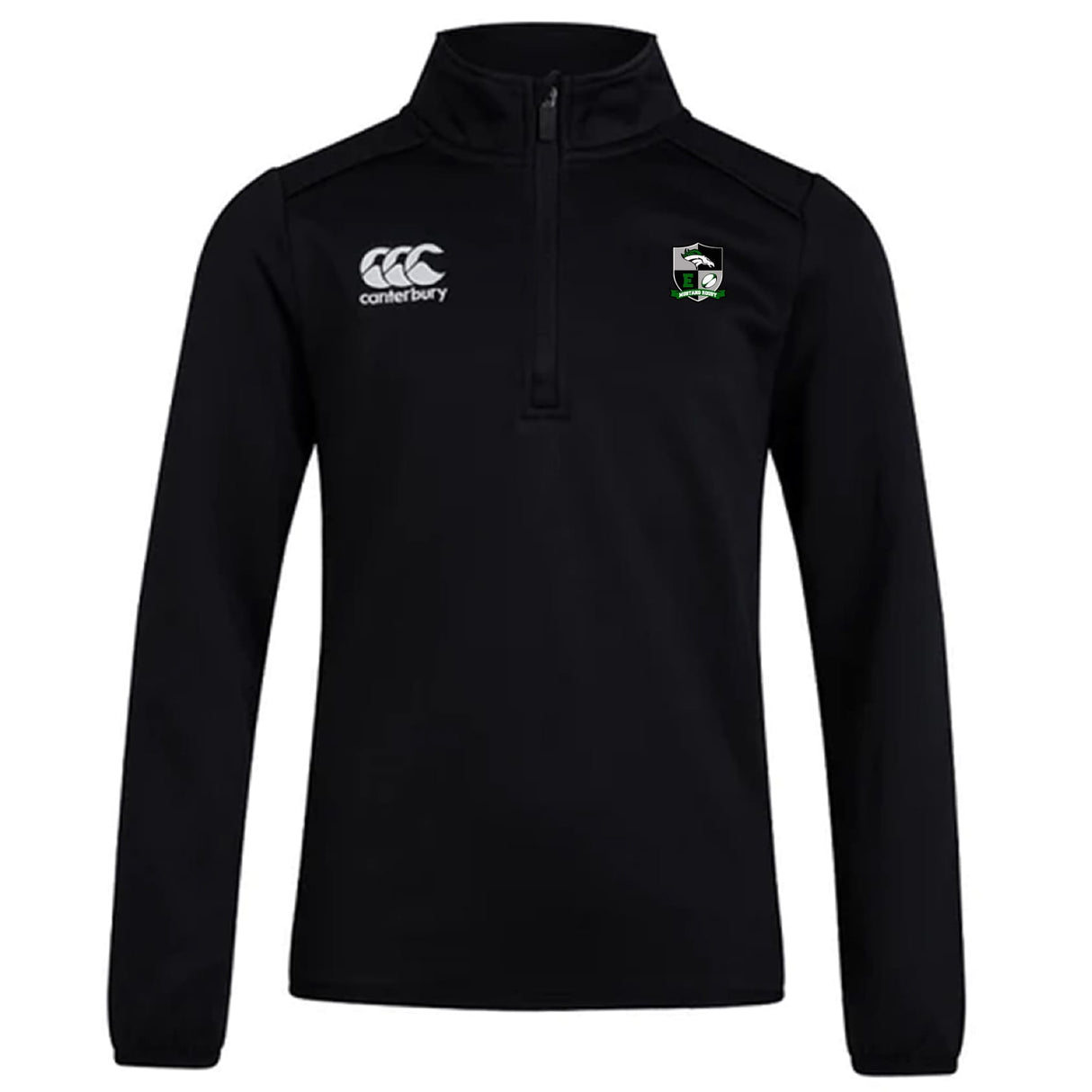 The EMB Canterbury Eagle High Mustangs Club 1/4 Zip Mid Layer Training Top features a white Canterbury logo on the right chest and a green, black, and white club crest on the left—ideal for rugby training.