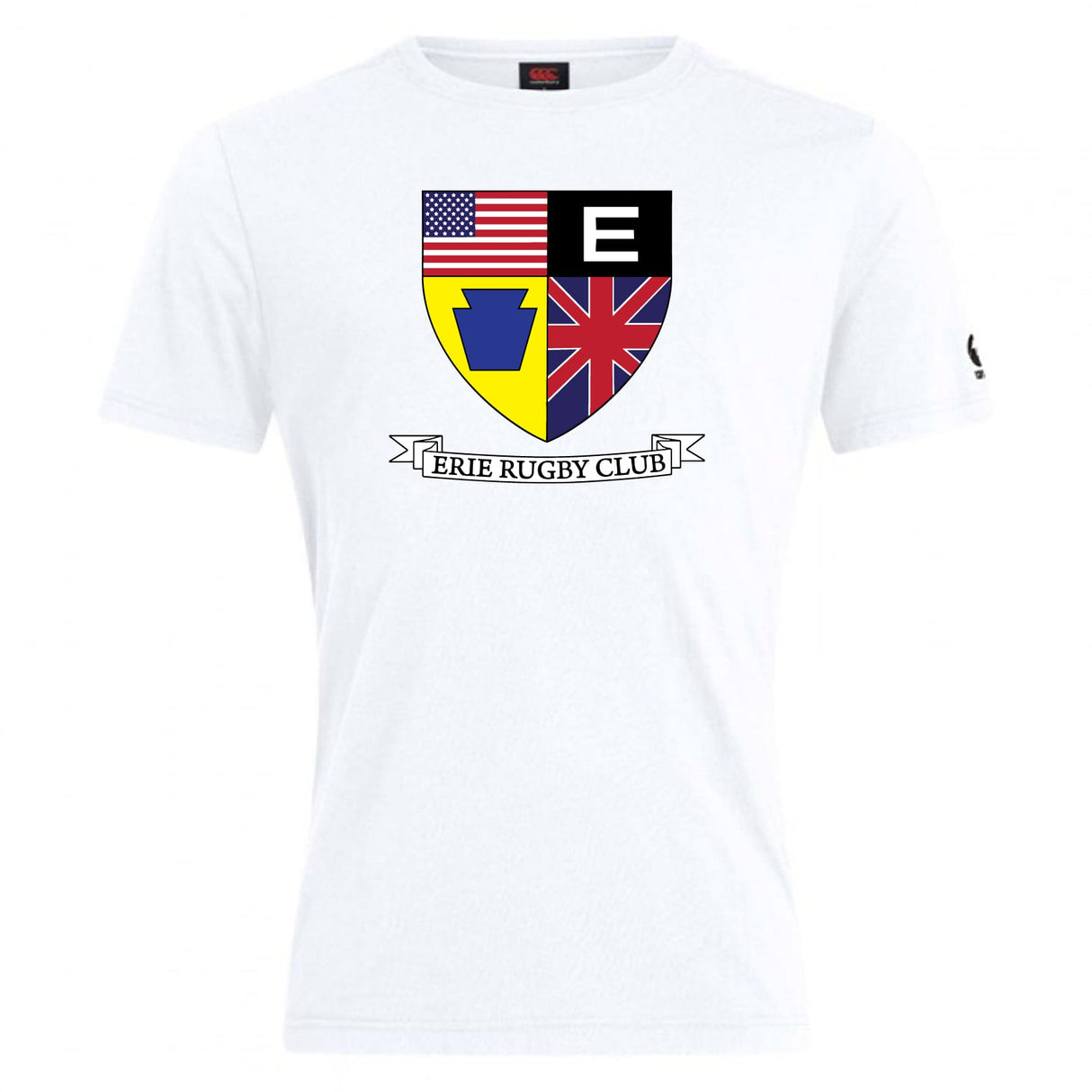 The Erie Rugby Club Club Plain Tee by WRS Canterbury is a white cotton blend shirt featuring an American and British flag crest, blue and yellow keystone, black "E," and "Erie Rugby Club" text underneath.