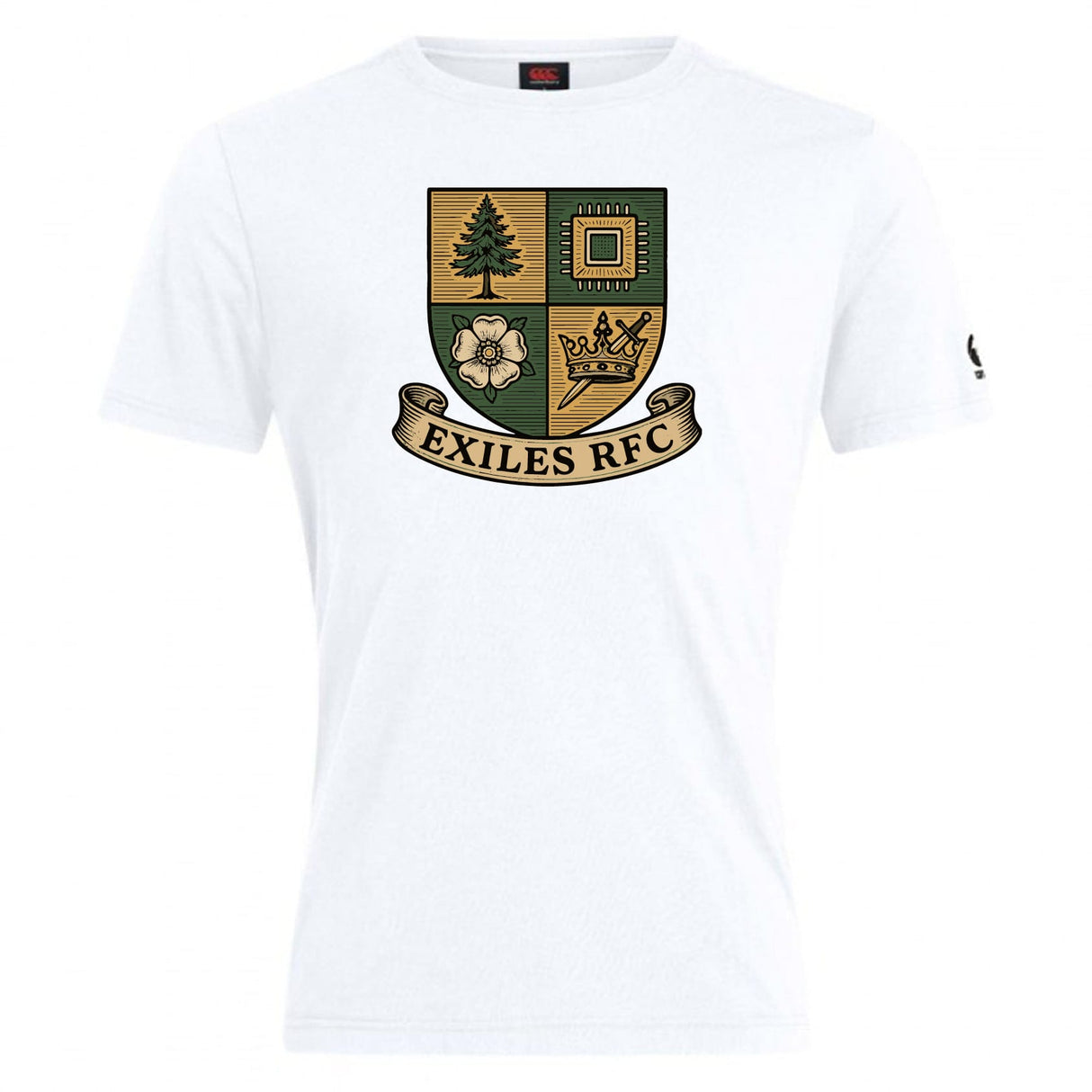 The Exiles Rugby Football Club Club Plain Tee by WRS Canterbury is a white cotton blend shirt featuring a crest with a tree, microchip, flower, crown, and a banner reading "EXILES RFC.