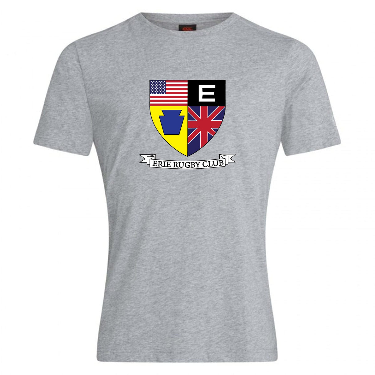 The Erie Rugby Club Club Plain Tee by WRS Canterbury is a heather gray cotton blend shirt featuring a crest with the U.S. and U.K. flags, Pennsylvania keystone, and an “E”—classic style for Erie Rugby fans. Customizable option available.