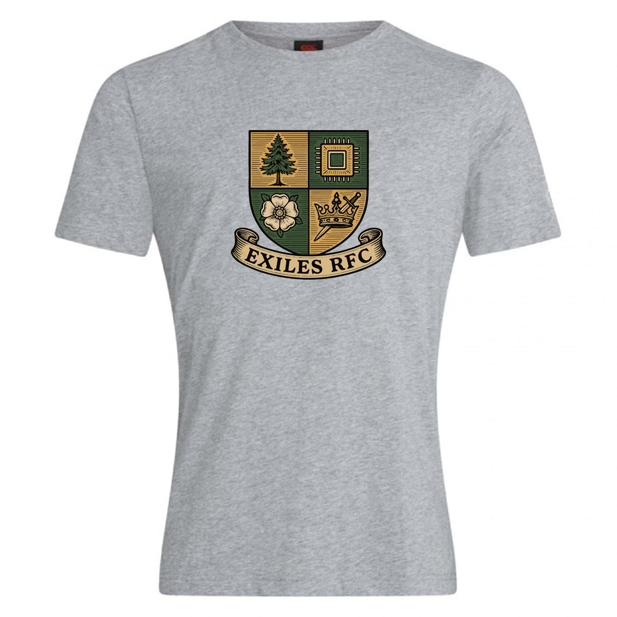 The Exiles Rugby Football Club Club Plain Tee by WRS Canterbury features a grey cotton blend and a crest with a tree, microchip, flower, crown, and "EXILES RFC" banner. This Canterbury tee offers comfort and unique style for any occasion.