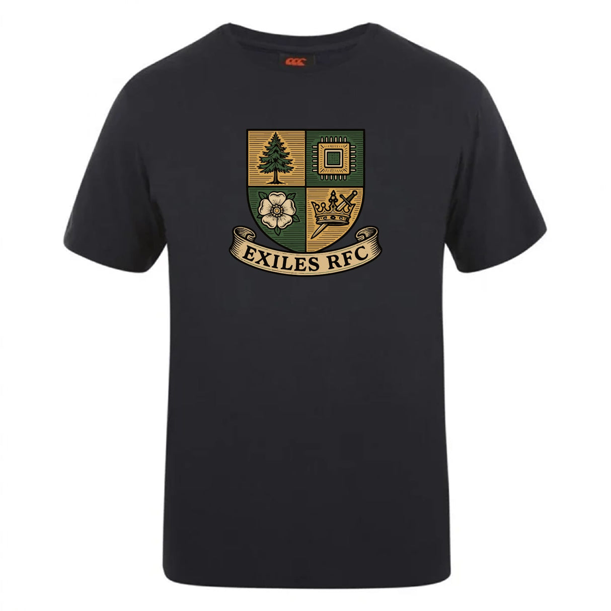 The Exiles Rugby Football Club Club Plain Tee by WRS Canterbury features a crest with a tree, flower, microchip, and crown above an "EXILES RFC" banner. This cotton blend tee offers style and comfort for everyday wear.