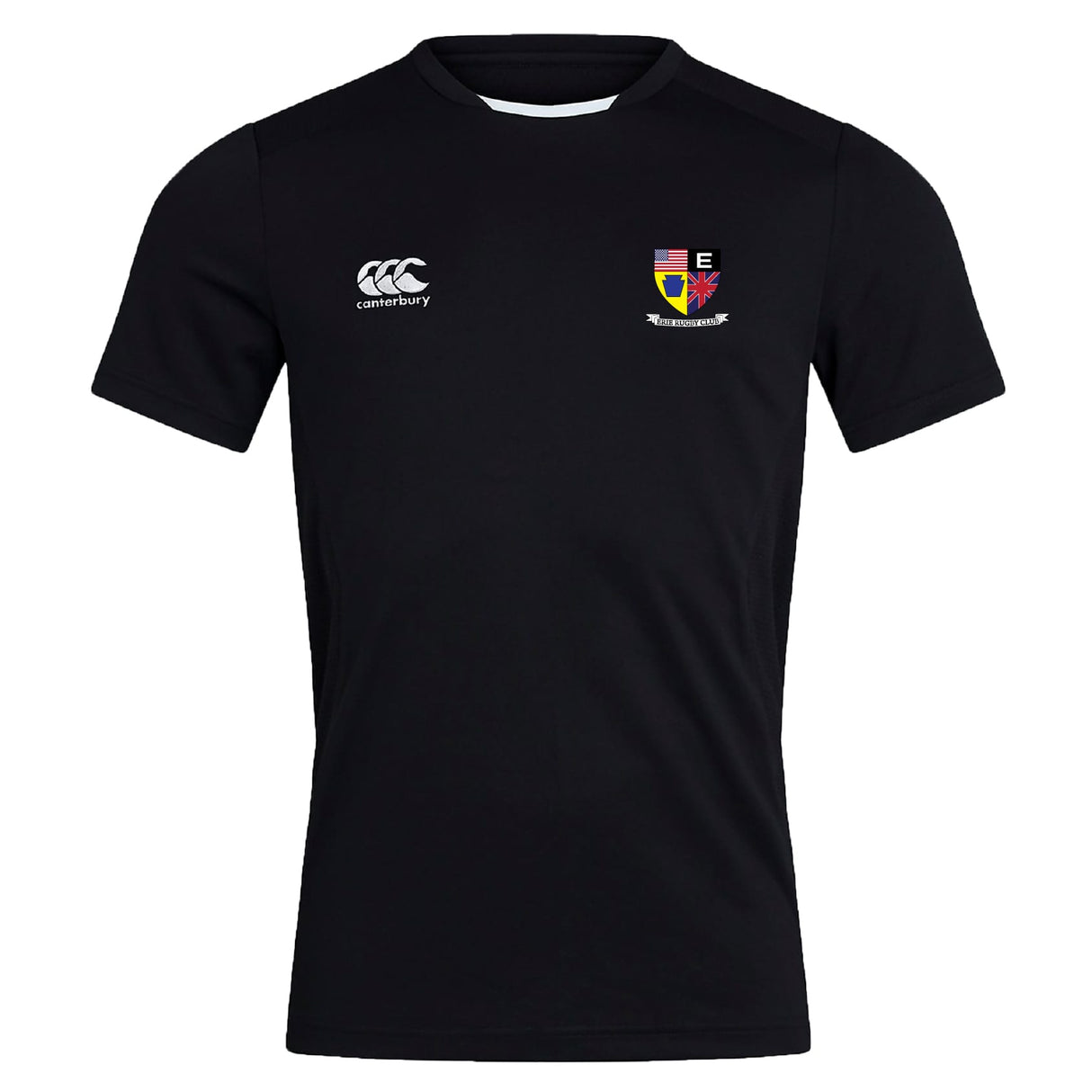 The Erie Rugby Club Dry Tee by EMB Canterbury is a black, short-sleeve sports shirt with the Canterbury logo on the right chest and a multicolored crest on the left. Vapodri Technology keeps you cool and comfortable during workouts.