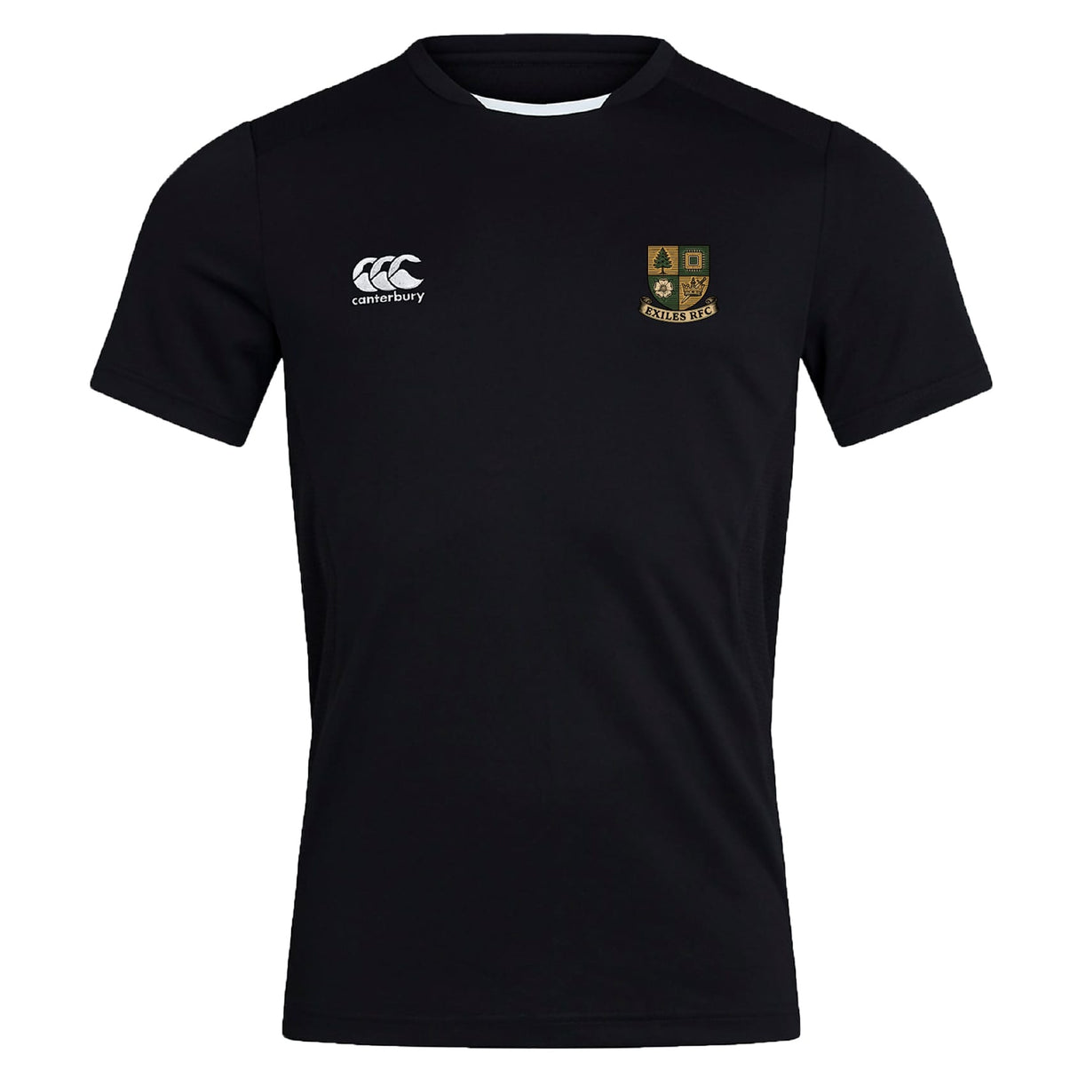 The Exiles Rugby Football Club Club Dry Tee by EMB Canterbury is a black short-sleeve workout shirt with a white Canterbury logo on the right chest and a multicolored "CETERIS" crest on the left, made with breathable fabric.