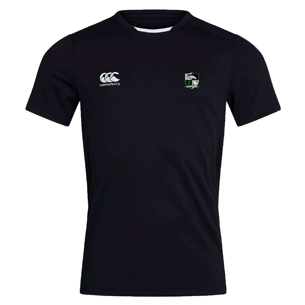 The Eagle High Mustangs Club Dry Tee by EMB Canterbury is a black sports jersey with a "Canterbury" logo on the right chest, a green and white crest on the left, and features Vapodri Technology for breathability.
