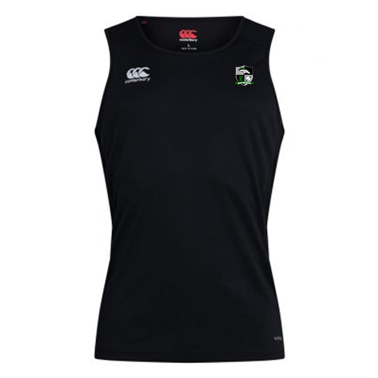 The Eagle High Mustangs Club Dry Singlet by EMB Canterbury is a black sleeveless athletic tank, featuring white Canterbury logos and a green and white shield emblem—perfect for your training sessions.