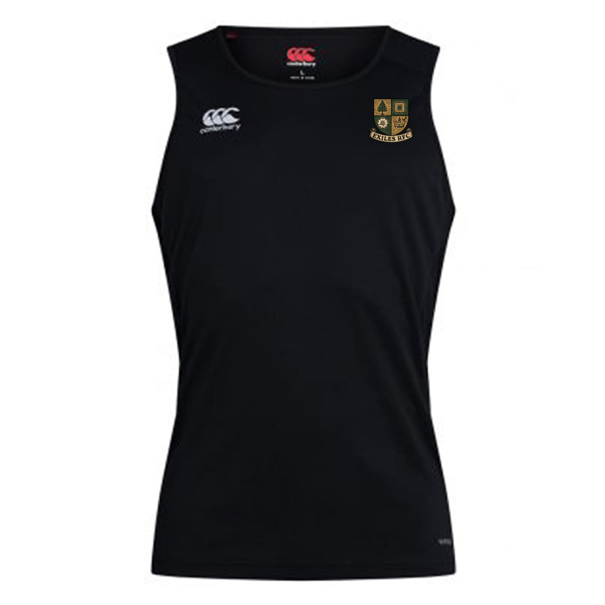 The Exiles Rugby Football Club Club Dry Singlet by EMB Canterbury is a sleeveless black athletic tank featuring a small embroidered crest, white Canterbury logo, and Vapodri Technology for superior moisture management.