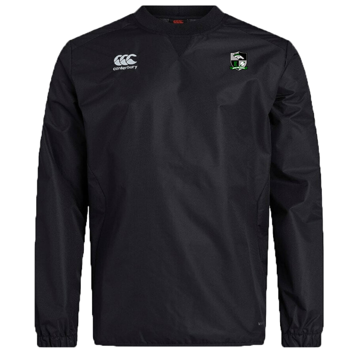 The Eagle High Mustangs Club Vaposhield Contact Top by EMB Canterbury is a black water-repellent rugby training top with long sleeves, crew neck, the Canterbury logo on the right chest, and a green-detailed crest on the left.