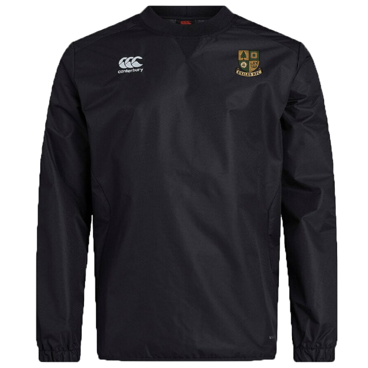 The Exiles Rugby Football Club Vaposhield Contact Top by EMB Canterbury is a black long-sleeve pullover with logos on the chest and features lightweight, water repellent Vaposhield technology—perfect as a rugby contact top.