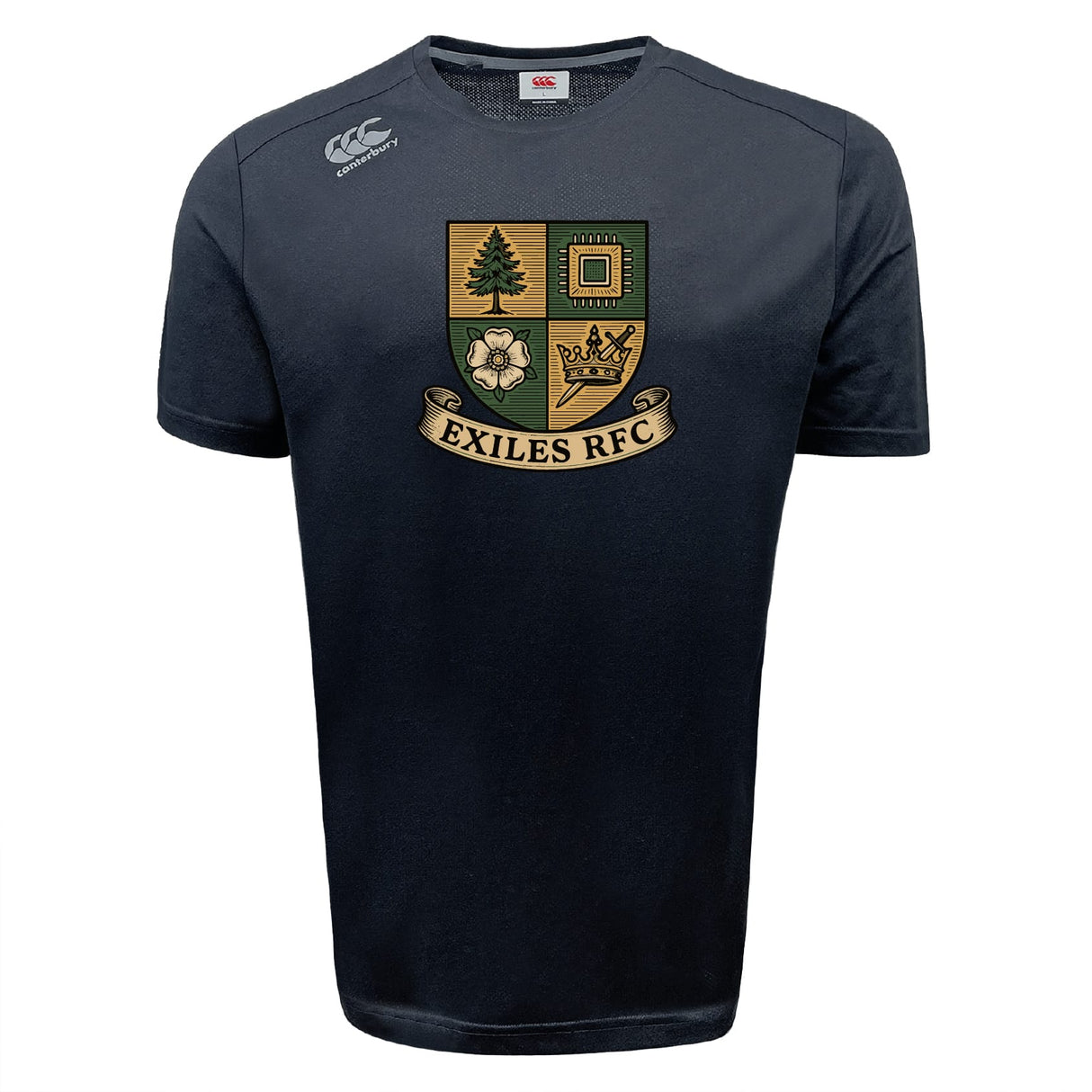 The Exiles Rugby Football Club Tempo Vapodri T-Shirt by WRS Canterbury is a black, short-sleeve athletic tee with the Exiles RFC crest and Canterbury logo, featuring moisture-wicking technology for top performance.