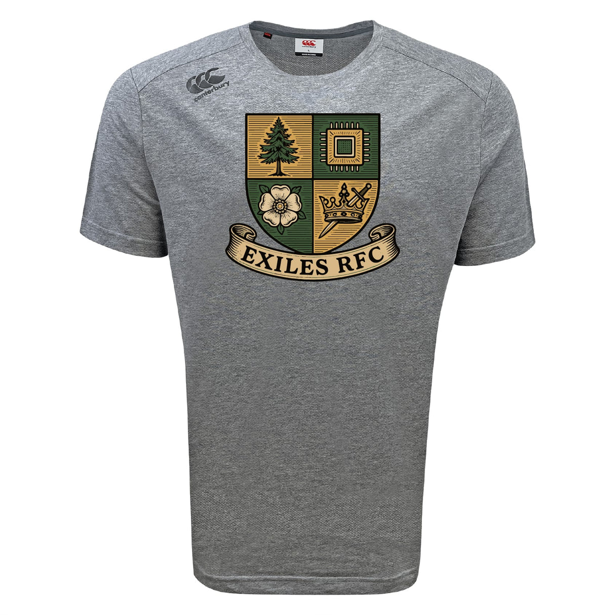 The Exiles Rugby Football Club Tempo Vapodri T-Shirt by WRS Canterbury features a multicolored crest with tree, flower, circuit, and crown, plus a branded logo. Its moisture-wicking fabric keeps you cool for peak performance.