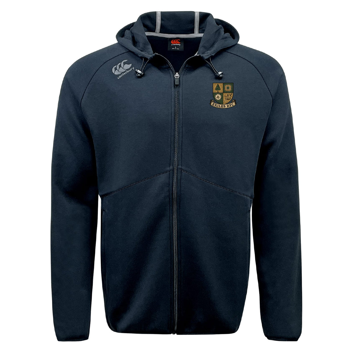 The Exiles Rugby Football Club Tempo Vapodri Full-Zip Hoodie by EMB Canterbury is a navy hoodie with hood and drawstrings, featuring a left chest crest and right shoulder logo. It offers comfort and moisture-wicking performance for daily wear.