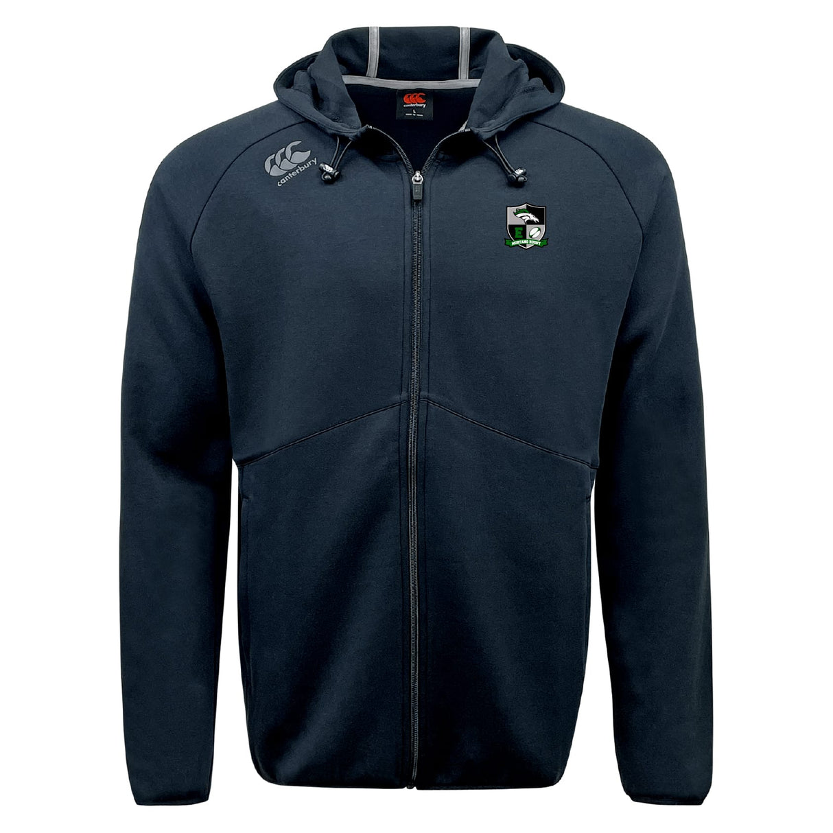 Navy blue Eagle High Mustangs Tempo Vapodri Full-Zip Hoodie by EMB Canterbury with hood, drawstrings, two embroidered chest logos, and CCC Vapodri moisture-wicking tech for all-day comfort.
