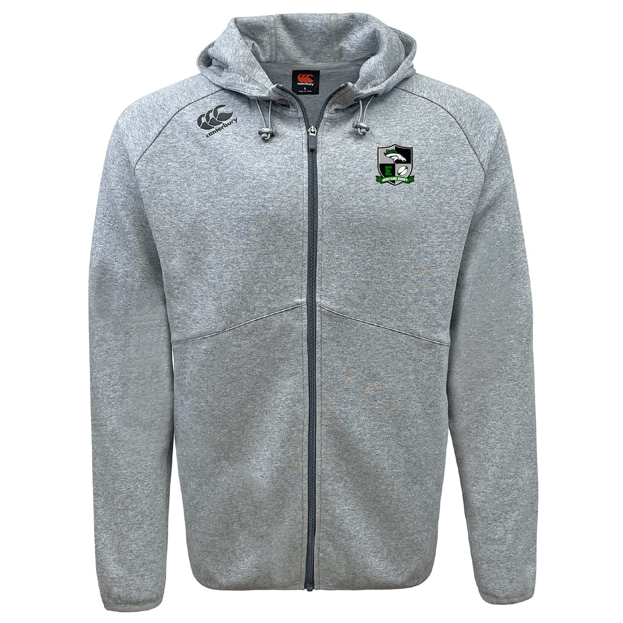 The Eagle High Mustangs Tempo VapoDri Full-Zip Hoodie by EMB Canterbury is a light gray hoodie with a hood, drawstrings, two chest logos, and moisture-wicking fabric for all-day comfort.