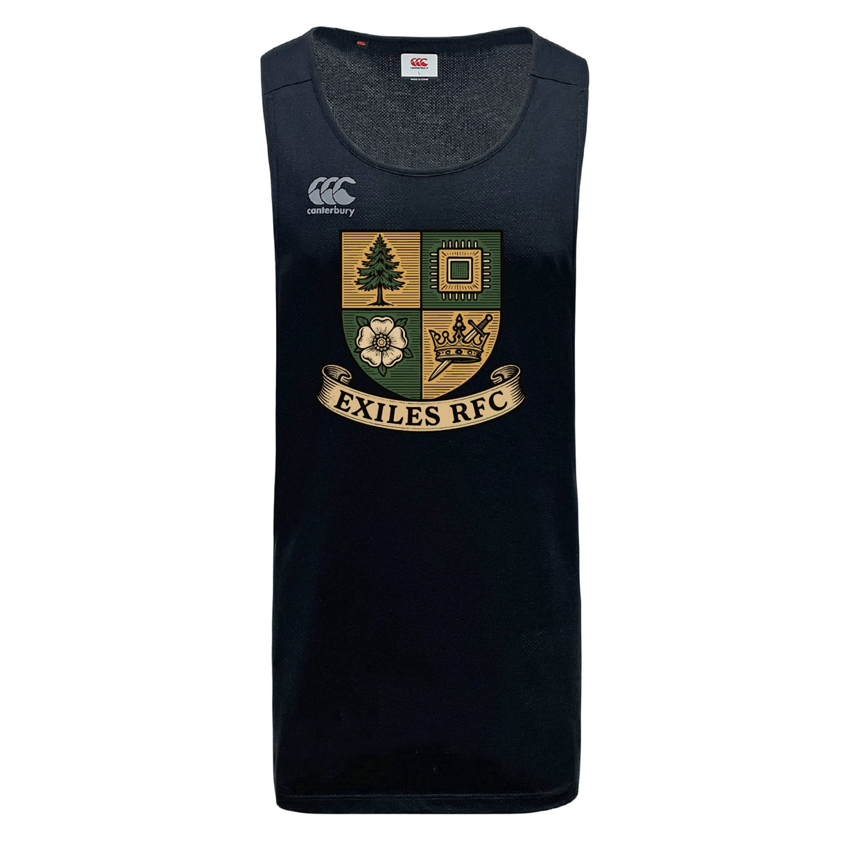 The Exiles Rugby Football Club Tempo Vapodri Singlet by WRS Canterbury is a black, quick-drying activewear top with the Exiles RFC crest and Canterbury logo, made from recycled polyester.