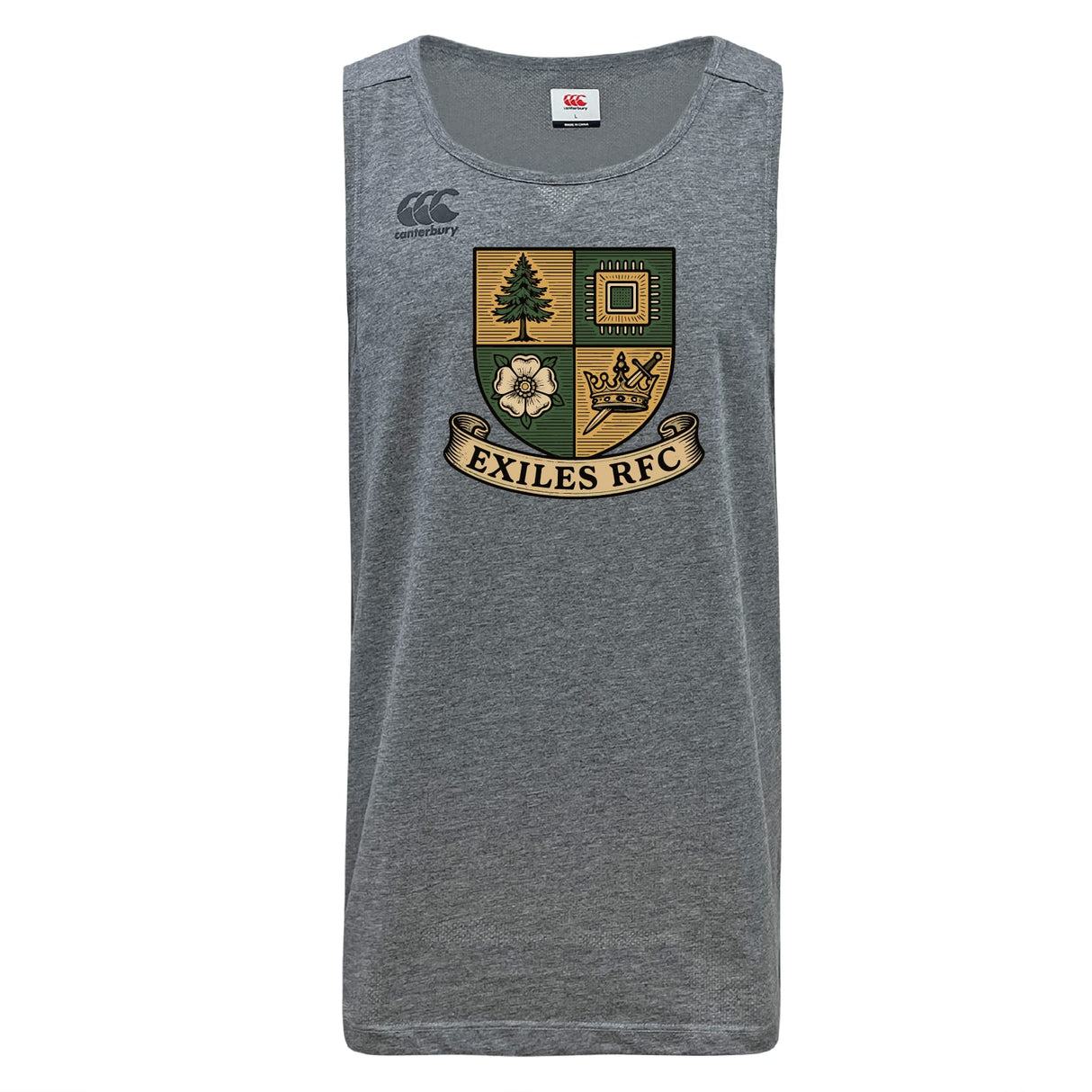 The Exiles Rugby Football Club Tempo Vapodri Singlet by WRS Canterbury is a gray, recycled polyester activewear top with a multicolored "EXILES RFC" crest and Canterbury logo, offering quick-drying comfort for intense workouts.