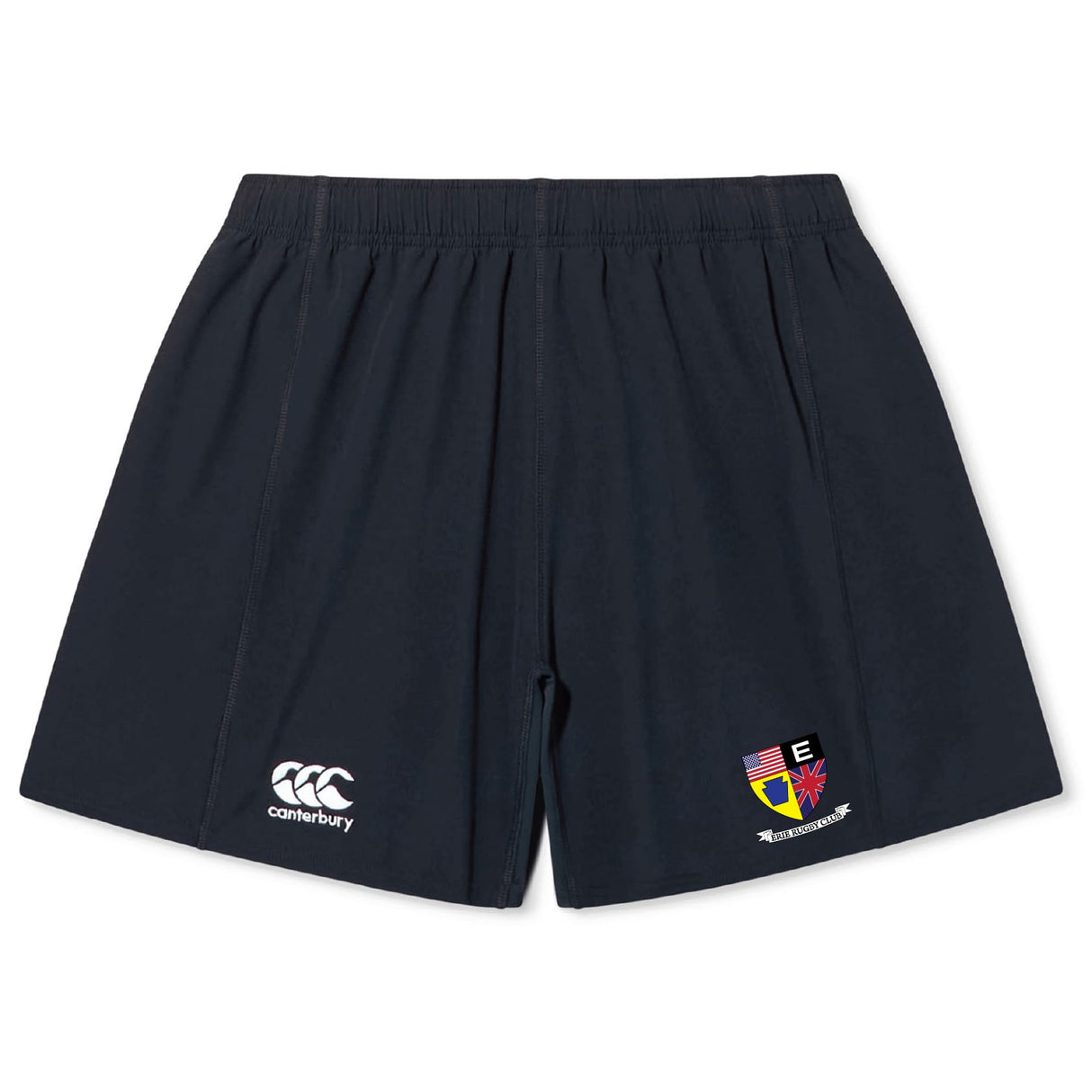 The Erie Rugby Club Yokohama Short by EMB Canterbury features navy blue lightweight, durable fabric, an elastic waistband, a white Canterbury logo on the left leg, and a multicolored crest on the right leg.
