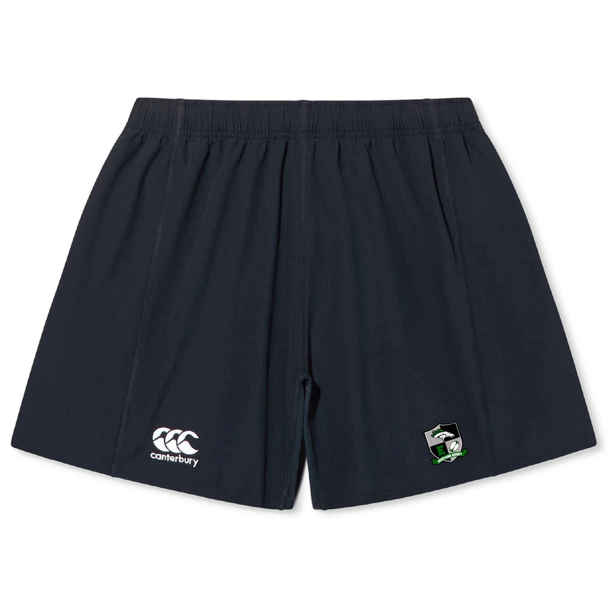 The Eagle High Mustangs Yokohama Short by EMB Canterbury is a navy blue rugby short with an elastic waistband, a white Canterbury logo on the left leg, and a green and black crest on the right, inspired by the classic Yokohama design.