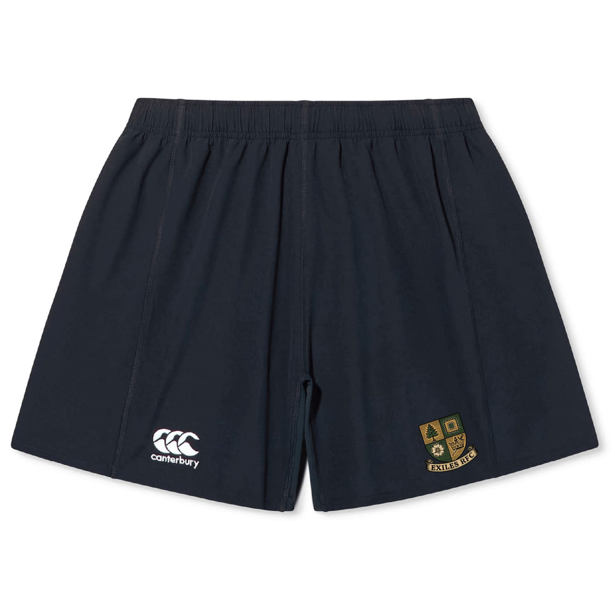 The Exiles Rugby Football Club Yokohama Short by EMB Canterbury features navy blue fabric, an elastic waistband, the Canterbury logo on the left leg, and an embroidered school crest on the right—ideal for training or match days.