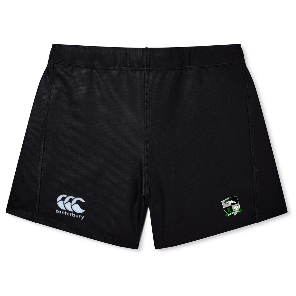 The Eagle High Mustangs Women's Yokohama Short by EMB Canterbury features an elastic waistband, Canterbury logo on the left leg, and a small green and white crest on the right leg, shown flat on a white background.
