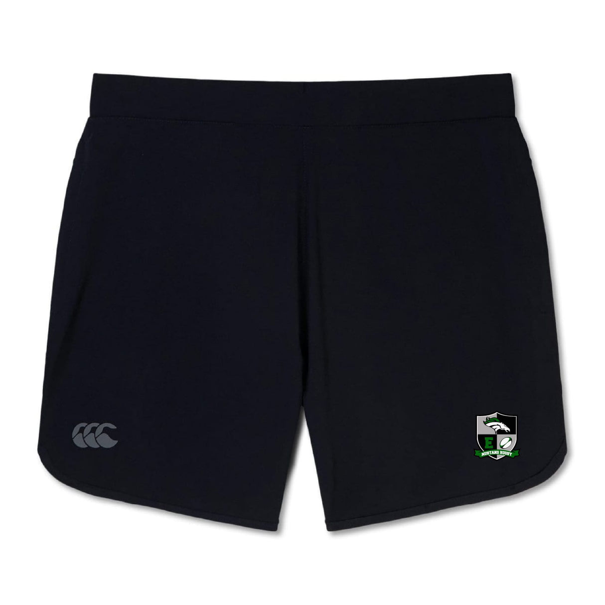 The Eagle High Mustangs Women's Elite Woven Short by EMB Canterbury features the Canterbury logo on the left leg and a soccer-themed team crest with green accents on the right, making them perfect women's gym or training shorts.