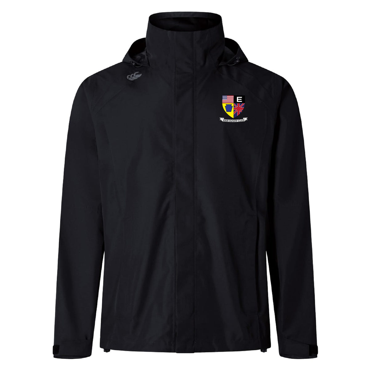 The Erie Rugby Club Elite Storm Jacket by EMB Canterbury is a black waterproof jacket with a crest logo on the left chest, a small white logo on the right shoulder, full front zipper, and handy side pockets—perfect for pitchside wear.