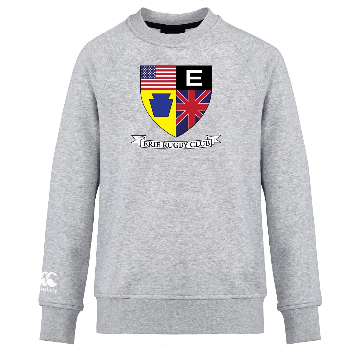 The Erie Rugby Club Club Crew Sweatshirt by WRS Canterbury is a gray ultra-soft sweatshirt with a crest showing American, British, and blue-and-yellow symbols above “Erie Rugby Club.”.