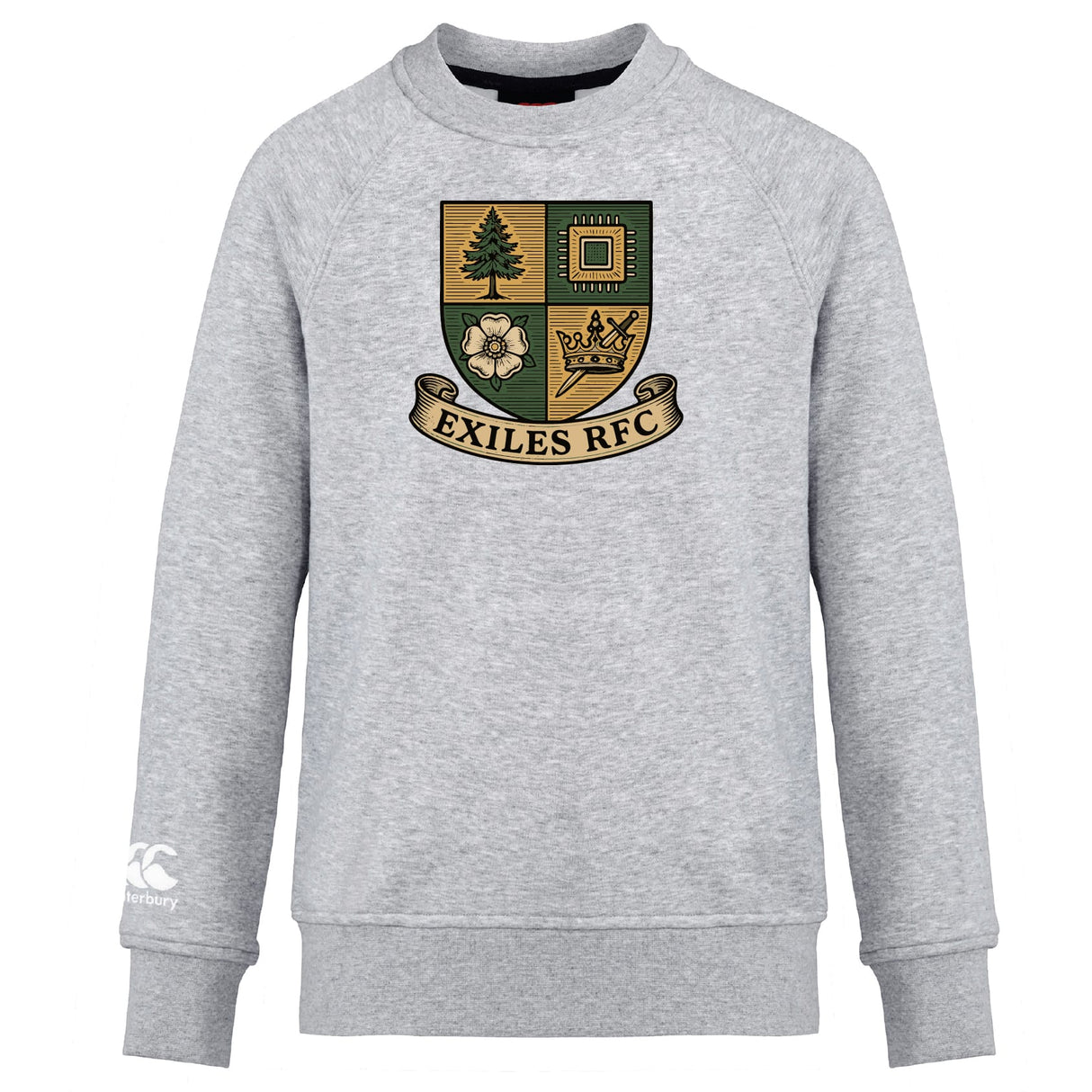 The Exiles Rugby Football Club Club Crew Sweatshirt by WRS Canterbury is a light grey, ultra-soft top with the Exiles RFC crest on the chest and an embroidered CCC logo on the lower sleeve.