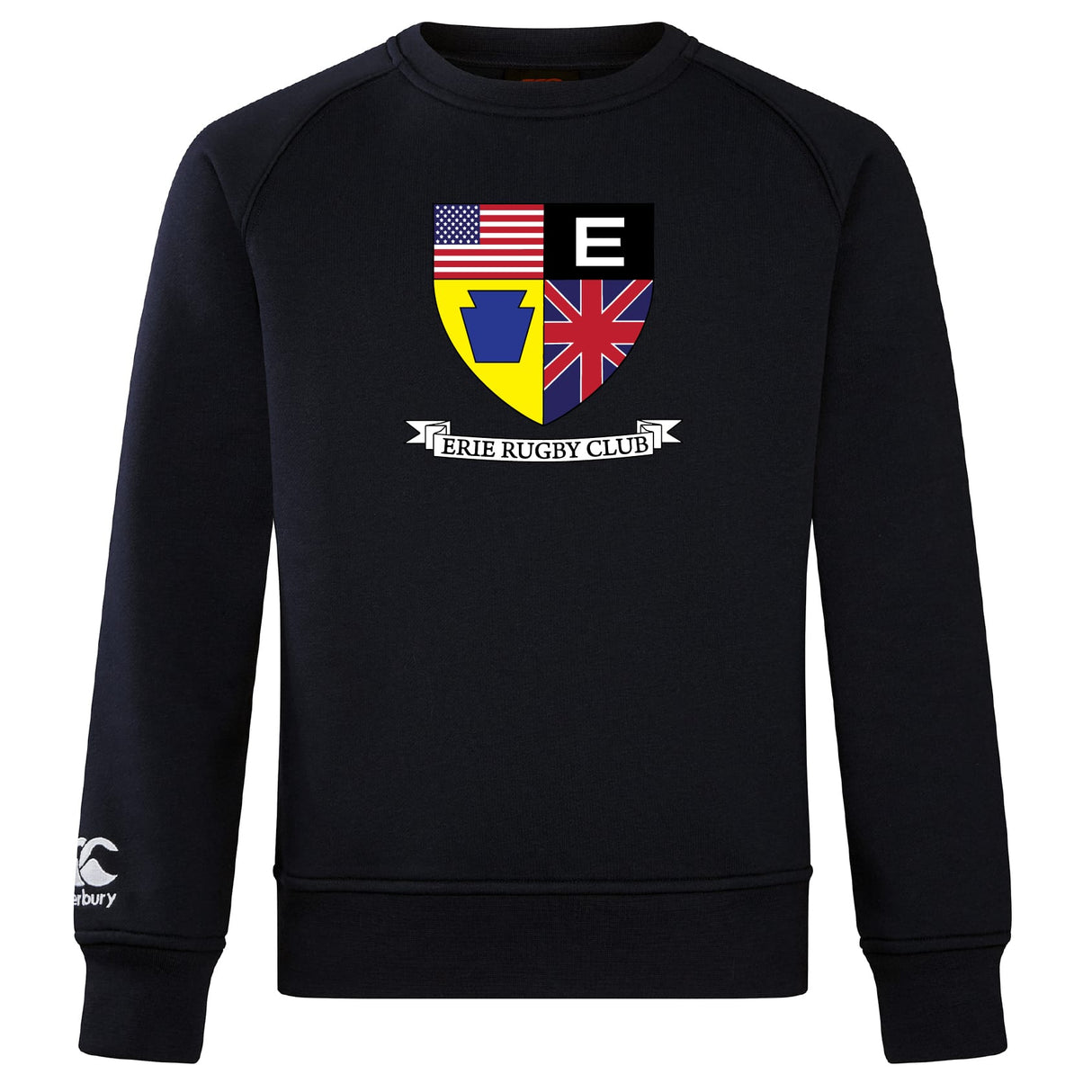The Erie Rugby Club Club Crew Sweatshirt by WRS Canterbury is a black ultra-soft top with a crest featuring American, British, and Pennsylvania symbols, "Erie Rugby Club" text below, and an embroidered CCC logo on the left sleeve.