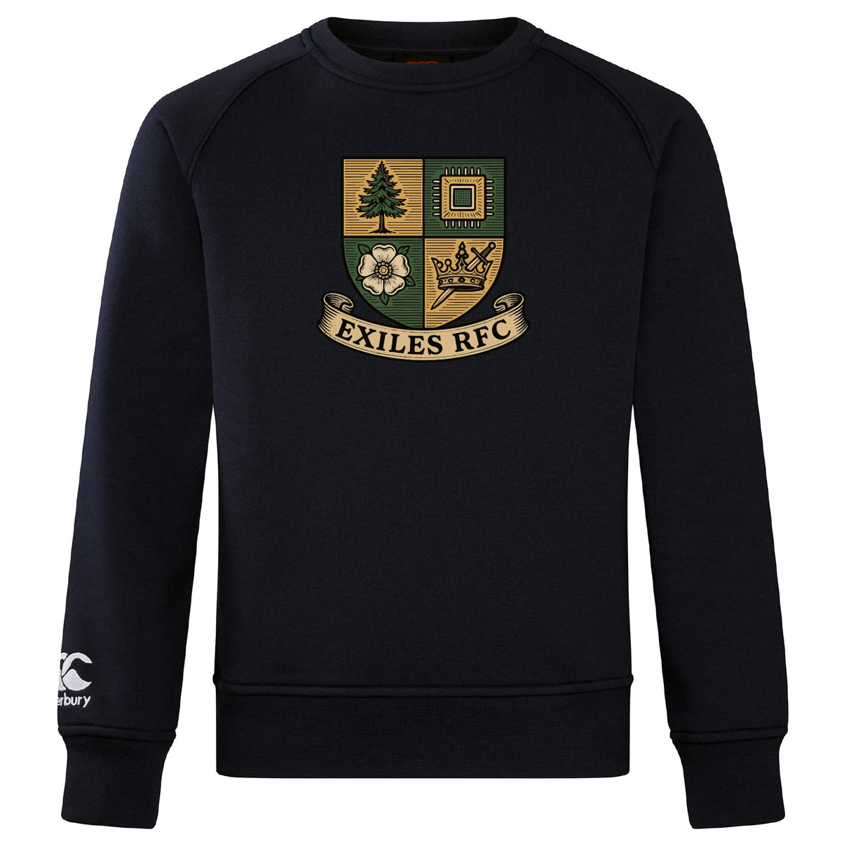 The Exiles Rugby Football Club Club Crew Sweatshirt by WRS Canterbury is a black crew with the Exiles RFC crest on the chest and an embroidered CCC logo on the ultra-soft sleeve.